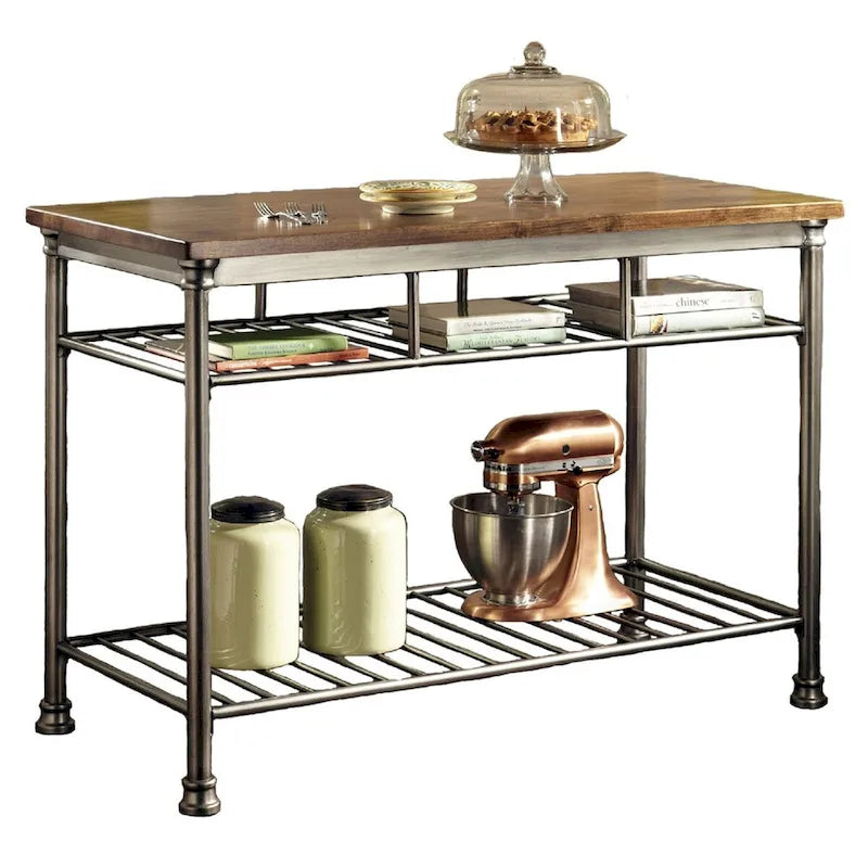 Table utilitaire de cuisine en métal avec plateau en bois massif de style français classique - 52 po L x 25 po P x 36 po H.