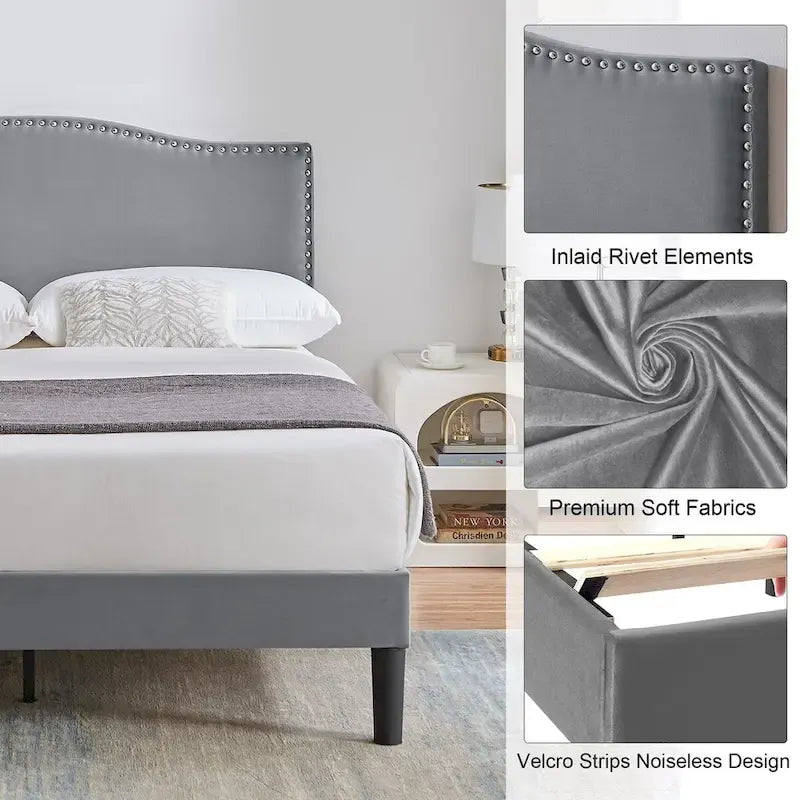 VECELO, Cadre de lit plateforme rembourré avec tête de lit cloutée, tailles Twin, Full et Queen - Gris