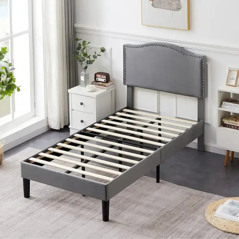 VECELO, Cadre de lit plateforme rembourré avec tête de lit cloutée, tailles Twin, Full et Queen - Gris