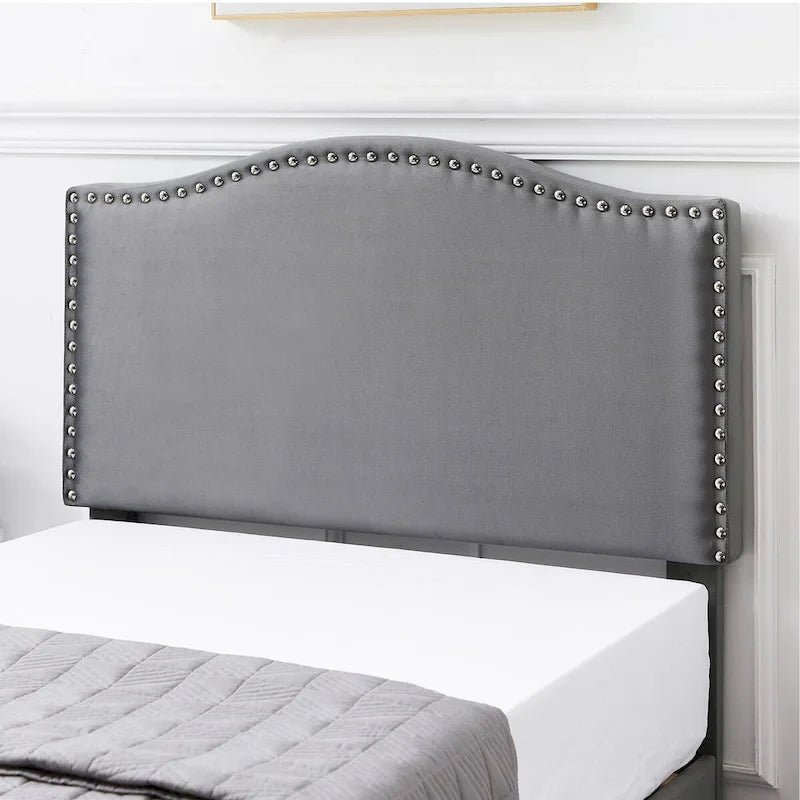 VECELO, Cadre de lit plateforme rembourré avec tête de lit cloutée, tailles Twin, Full et Queen - Gris