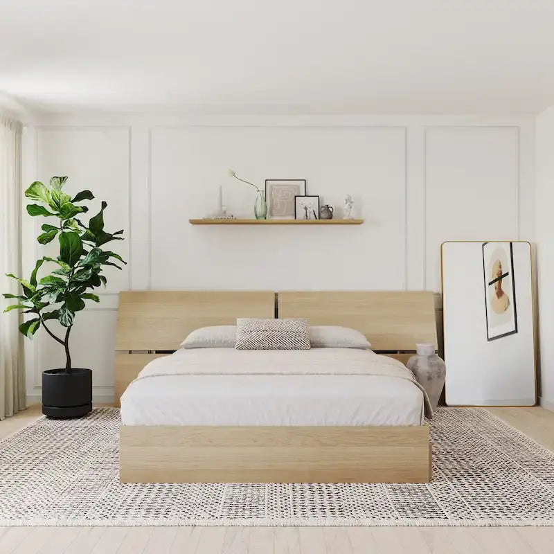 Lit coffre Nordik et tête de lit panoramique, érable naturel