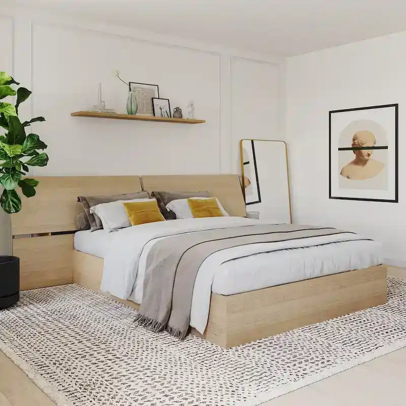 Lit coffre Nordik et tête de lit panoramique, érable naturel