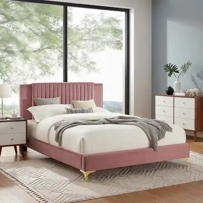 Lit plateforme complet Zahra en velours performant capitonné