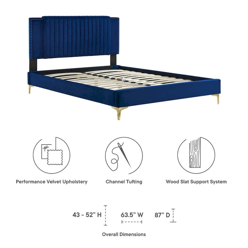 Lit plateforme complet Zahra en velours performant capitonné