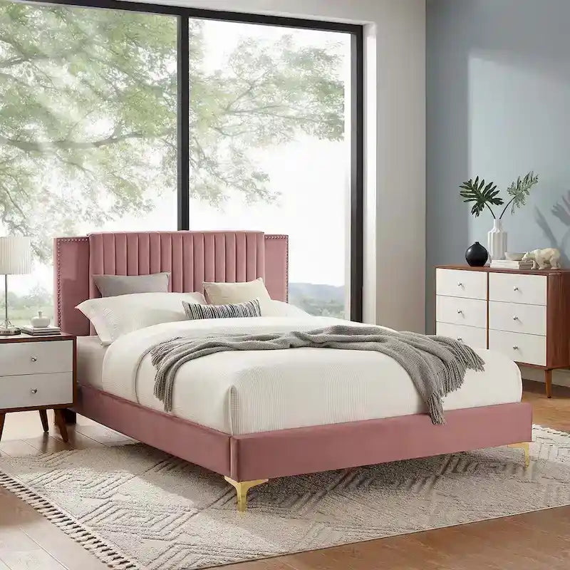 Lit plateforme complet Zahra en velours performant capitonné