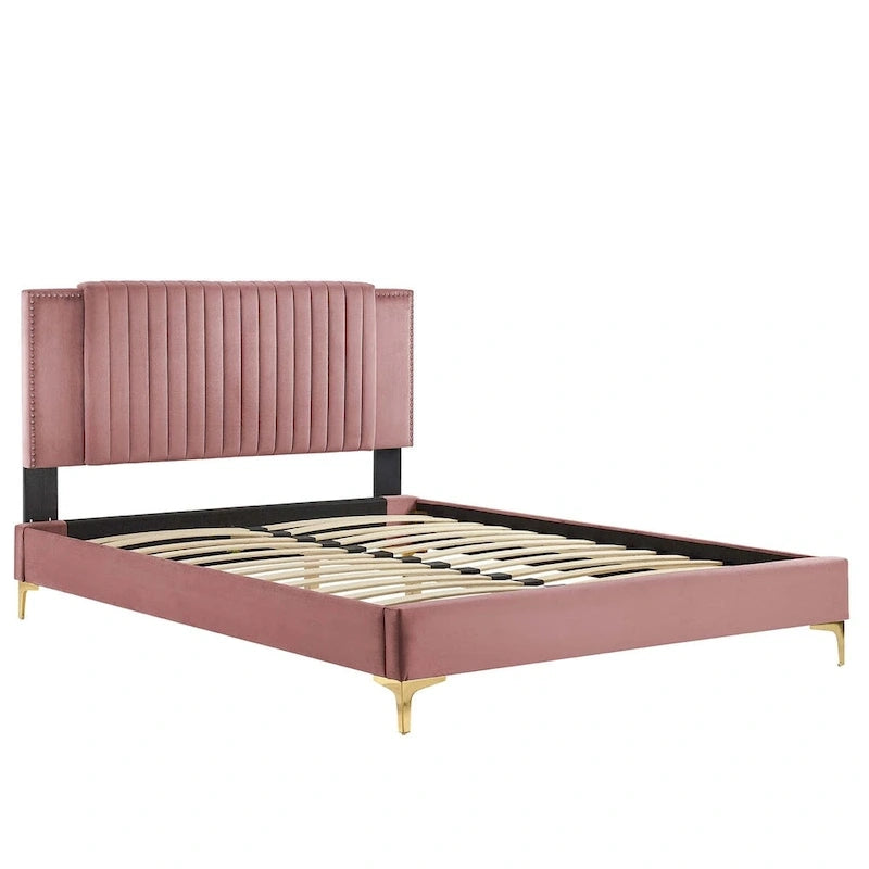 Lit plateforme complet Zahra en velours performant capitonné