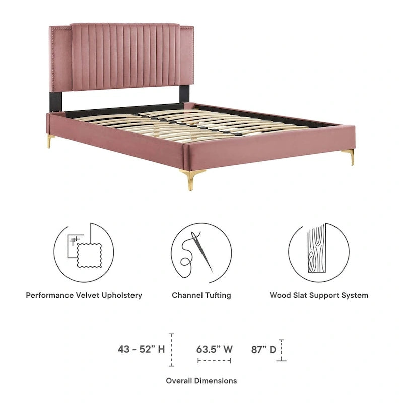 Lit plateforme complet Zahra en velours performant capitonné