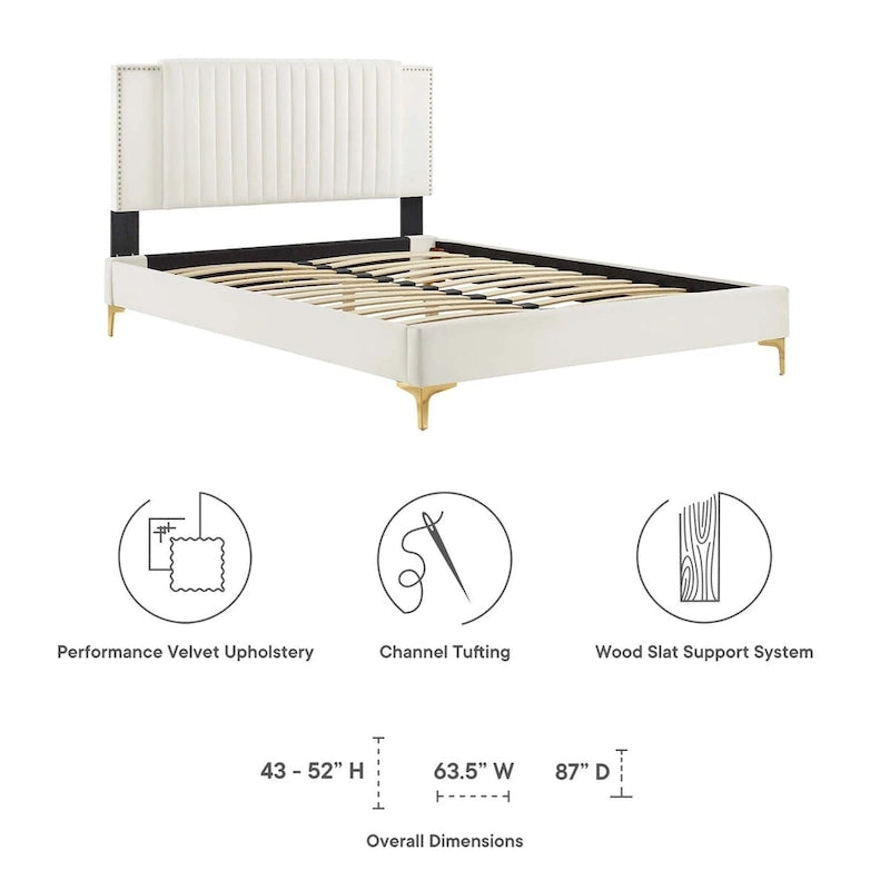 Lit plateforme complet Zahra en velours performant capitonné