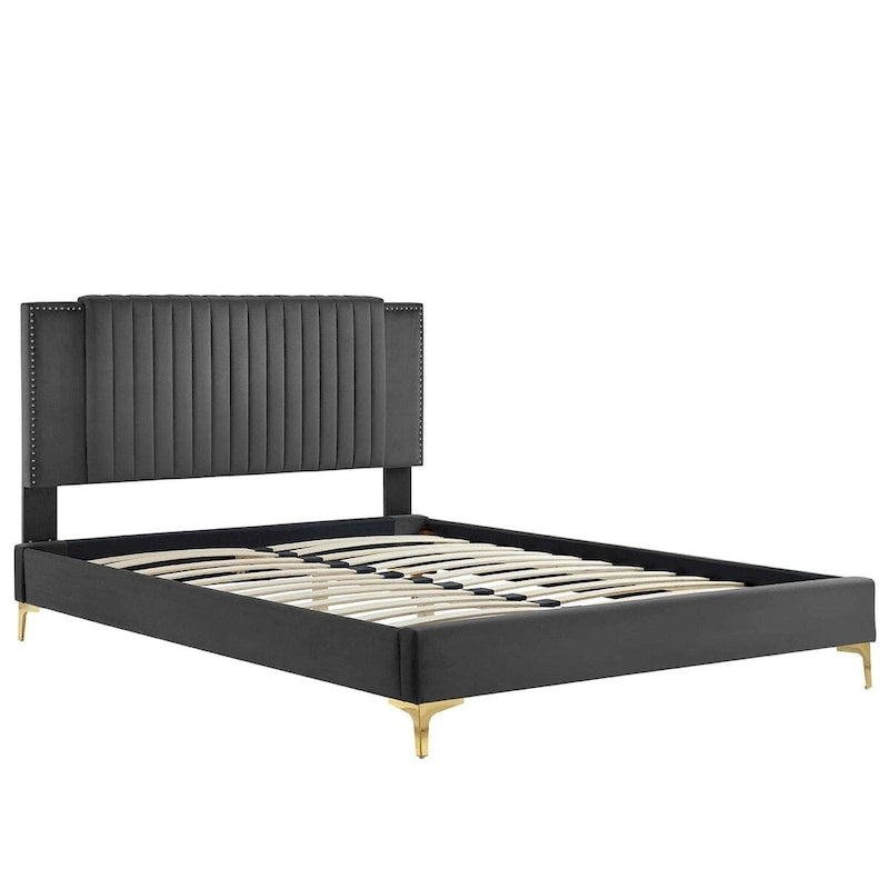 Lit plateforme complet Zahra en velours performant capitonné