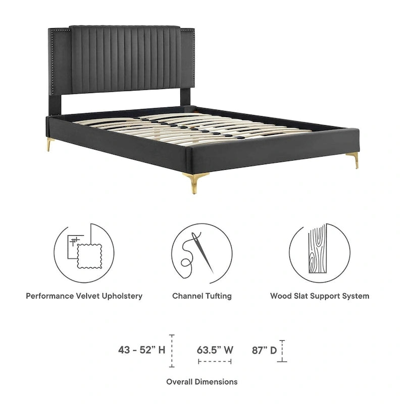 Lit plateforme complet Zahra en velours performant capitonné