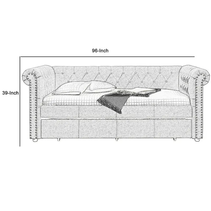 Lit de jour Chesterfield une place avec lit gigogne intégré et finitions cloutées, gris