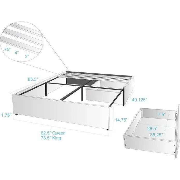 Lit plateforme rembourré Mammoth avec 2 tiroirs de rangement