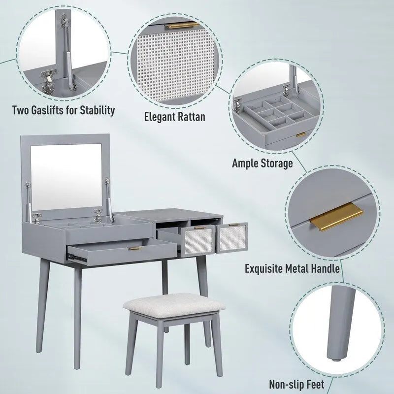 Ensemble coiffeuse moderne Grondin avec miroir rabattable, tabouret rembourré et tiroirs, ensemble de maquillage 2 en 1 pour chambre à coucher
