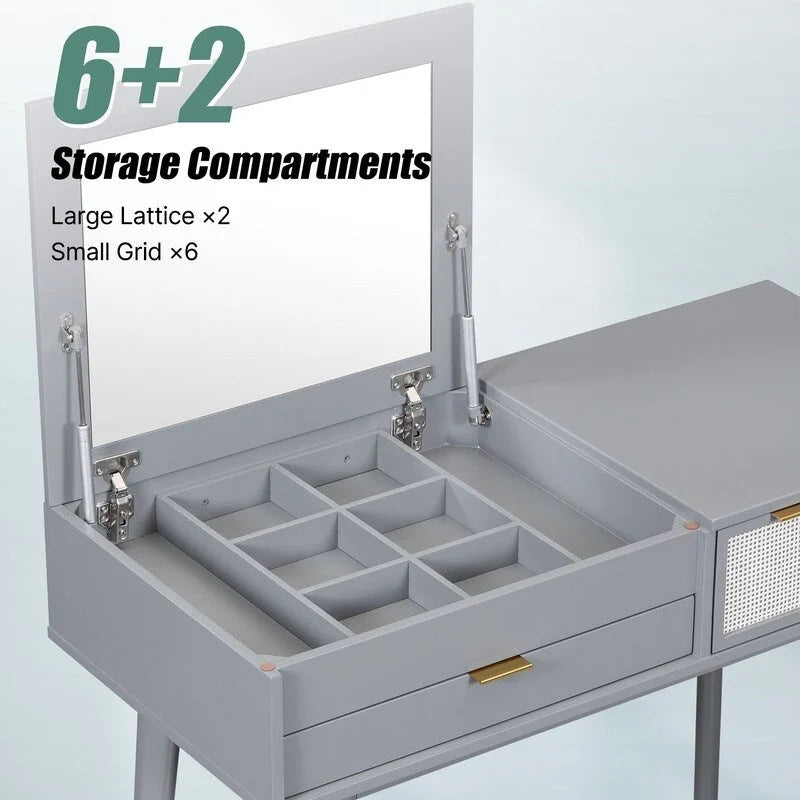 Ensemble coiffeuse moderne Grondin avec miroir rabattable, tabouret rembourré et tiroirs, ensemble de maquillage 2 en 1 pour chambre à coucher