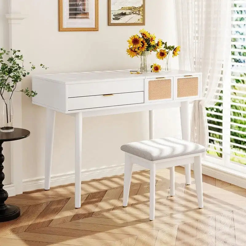 Ensemble coiffeuse moderne Grondin avec miroir rabattable, tabouret rembourré et tiroirs, ensemble de maquillage 2 en 1 pour chambre à coucher