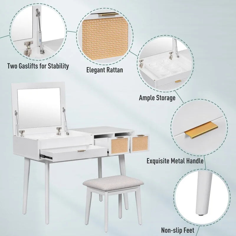 Ensemble coiffeuse moderne Grondin avec miroir rabattable, tabouret rembourré et tiroirs, ensemble de maquillage 2 en 1 pour chambre à coucher