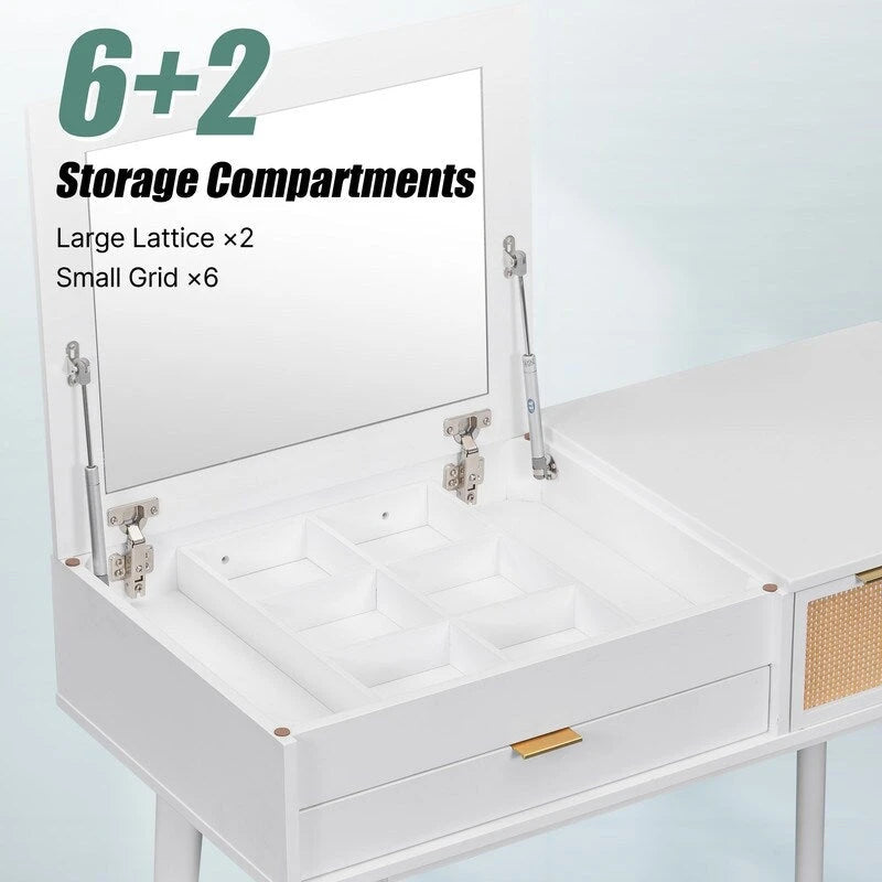 Ensemble coiffeuse moderne Grondin avec miroir rabattable, tabouret rembourré et tiroirs, ensemble de maquillage 2 en 1 pour chambre à coucher