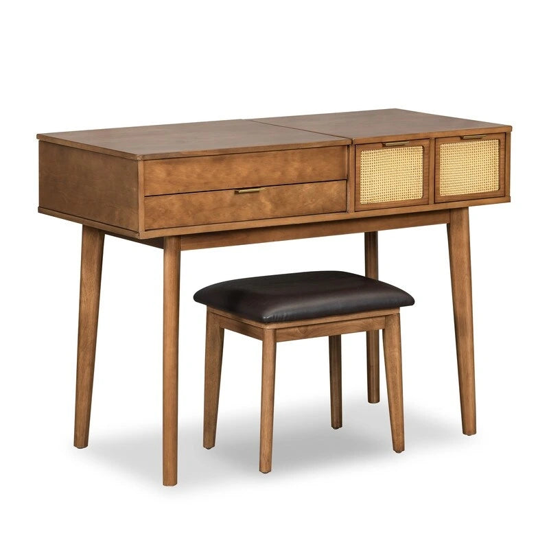 Ensemble coiffeuse moderne Grondin avec miroir rabattable, tabouret rembourré et tiroirs, ensemble de maquillage 2 en 1 pour chambre à coucher