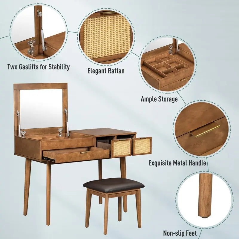 Ensemble coiffeuse moderne Grondin avec miroir rabattable, tabouret rembourré et tiroirs, ensemble de maquillage 2 en 1 pour chambre à coucher