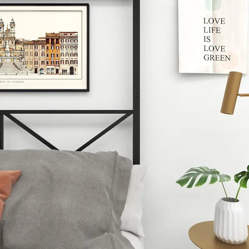 Cadre de lit à baldaquin en métal, cadre de lit plateforme Queen avec cadre en forme de X, noir