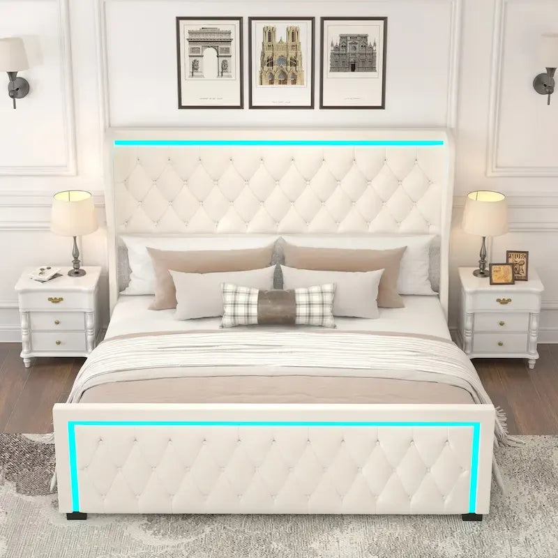 Queen Platform Bed Frame with High Headboard, Velvet Upholstered Bed with Adjustable Colorful LED Light Decorative Headboard