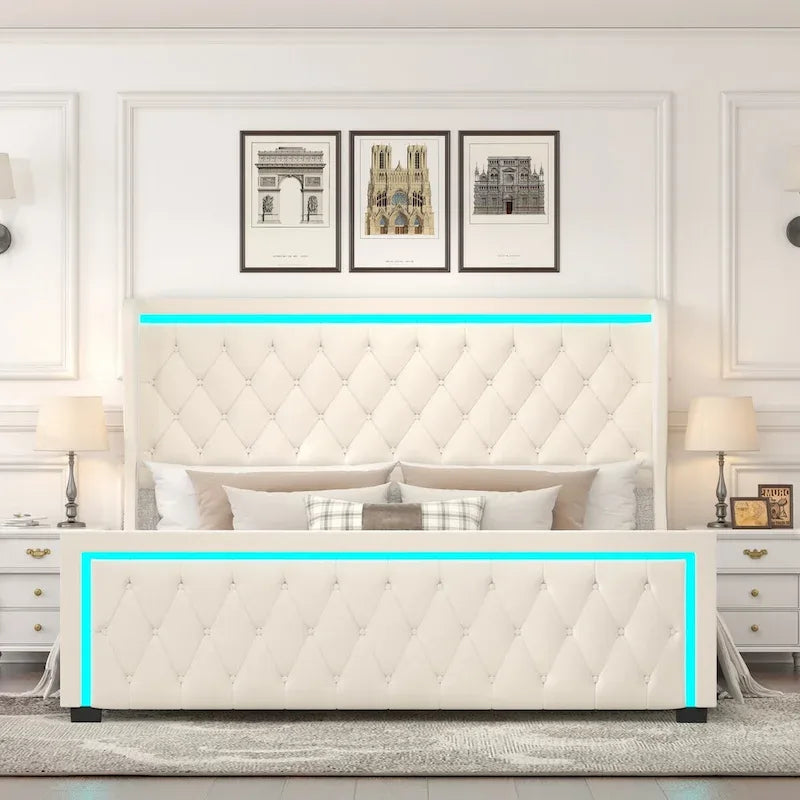 Cadre de lit plateforme Queen avec haute tête de lit, lit rembourré en velours avec tête de lit décorative à lumière LED colorée réglable