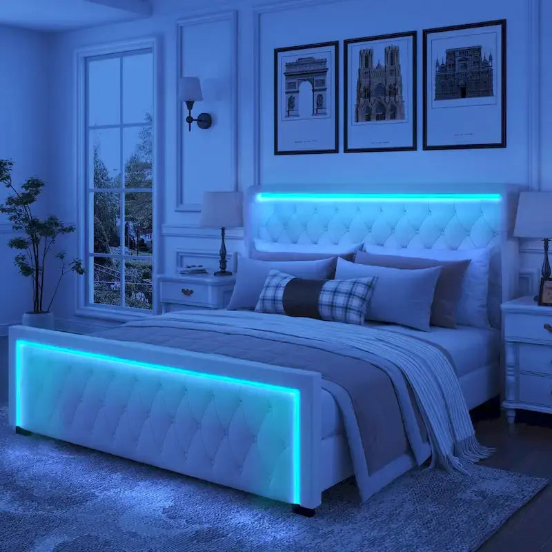 Cadre de lit plateforme Queen avec haute tête de lit, lit rembourré en velours avec tête de lit décorative à lumière LED colorée réglable