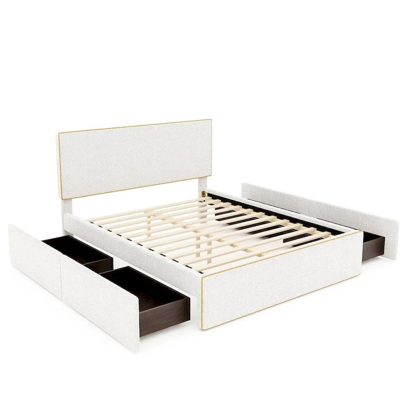 Lit plateforme double entièrement recouvert de polaire, avec 4 tiroirs et bordure dorée sur la tête et le pied de lit.