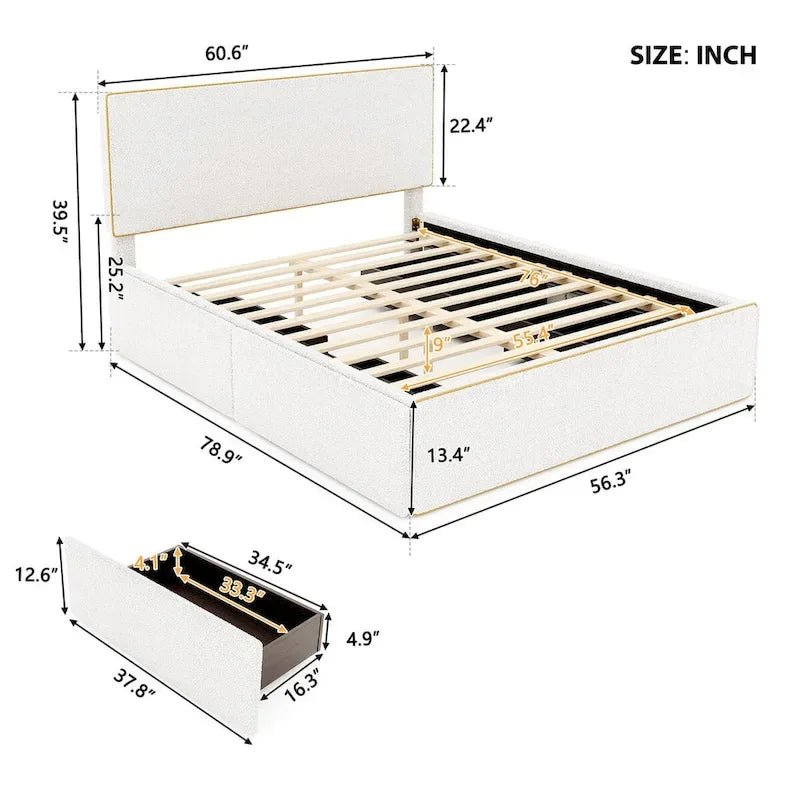Lit plateforme double entièrement recouvert de polaire, avec 4 tiroirs et bordure dorée sur la tête et le pied de lit.