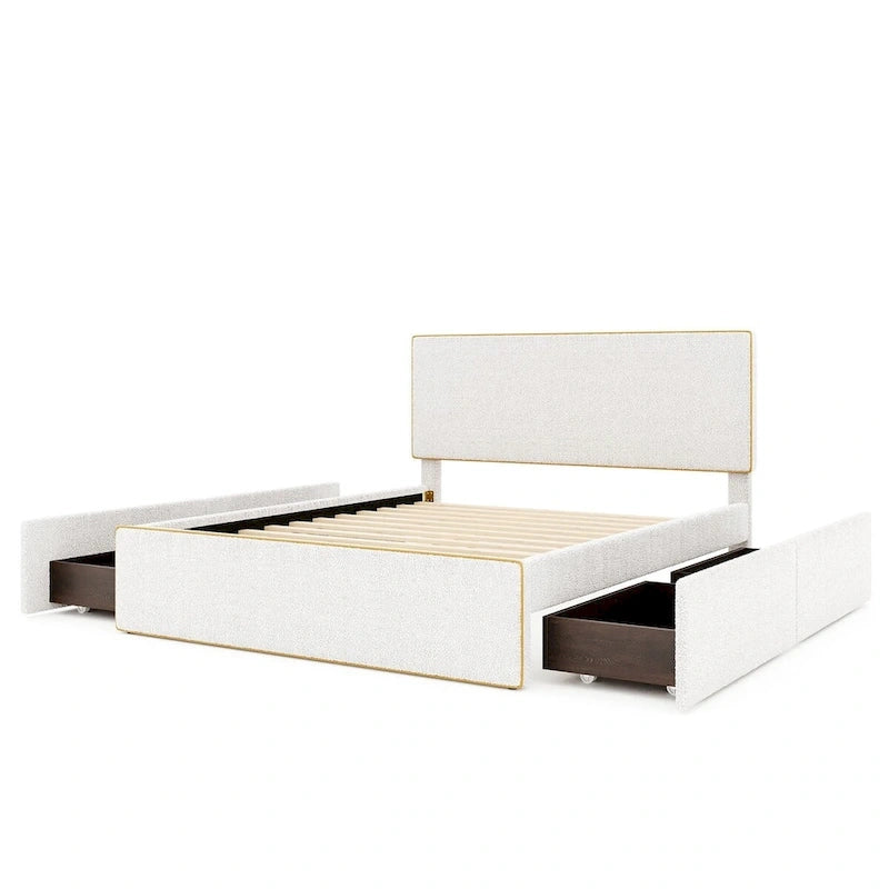 Lit plateforme double entièrement recouvert de polaire, avec 4 tiroirs et bordure dorée sur la tête et le pied de lit.
