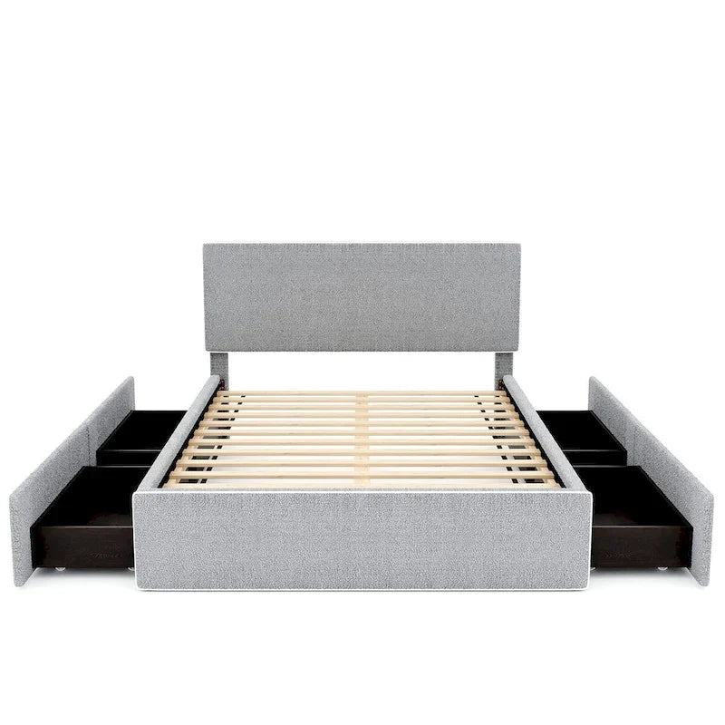 Lit plateforme double entièrement recouvert de polaire, avec 4 tiroirs et bordure dorée sur la tête et le pied de lit.