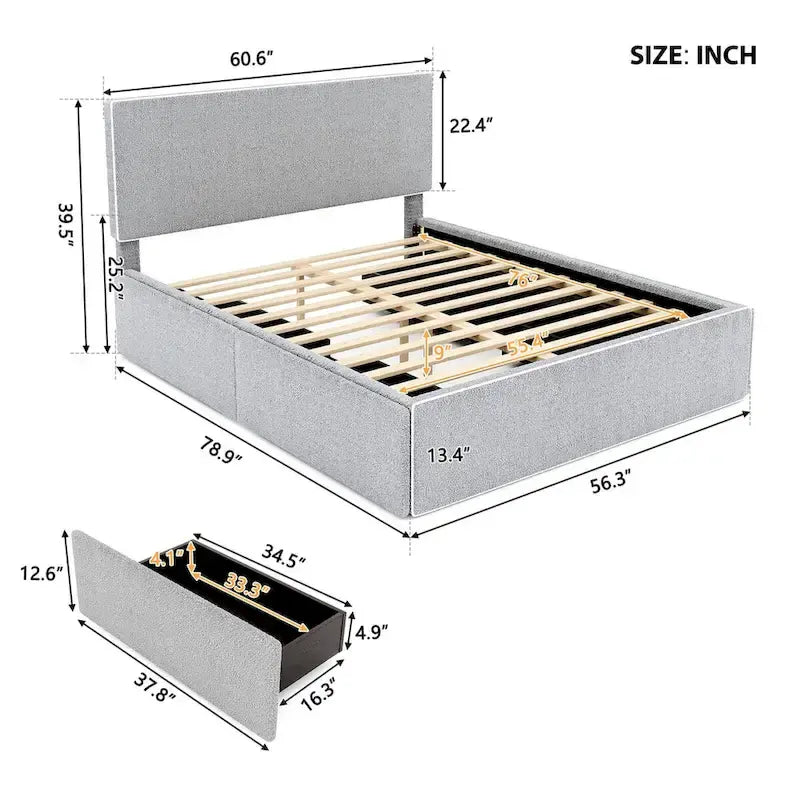 Lit plateforme double entièrement recouvert de polaire, avec 4 tiroirs et bordure dorée sur la tête et le pied de lit.