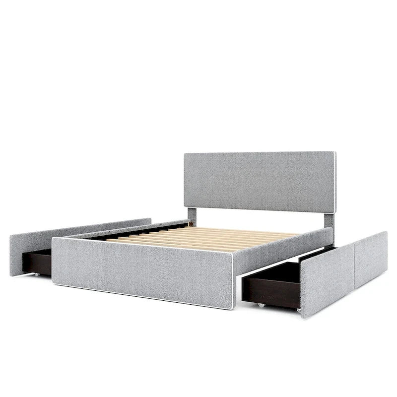 Lit plateforme double entièrement recouvert de polaire, avec 4 tiroirs et bordure dorée sur la tête et le pied de lit.