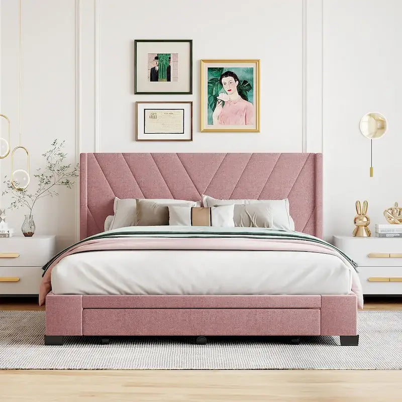 Lit plateforme CUSchoice Queen Size en lin rembourré avec 3 tiroirs et rangement