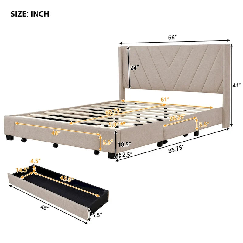 Lit plateforme CUSchoice Queen Size en lin rembourré avec 3 tiroirs et rangement