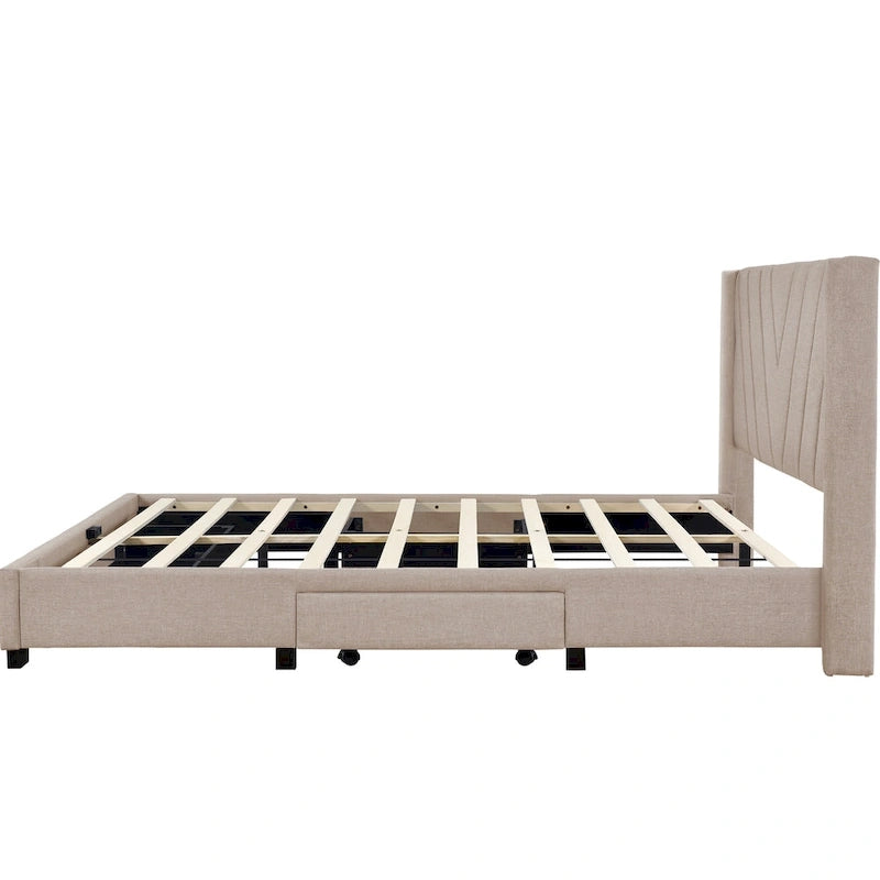 Lit plateforme CUSchoice Queen Size en lin rembourré avec 3 tiroirs et rangement