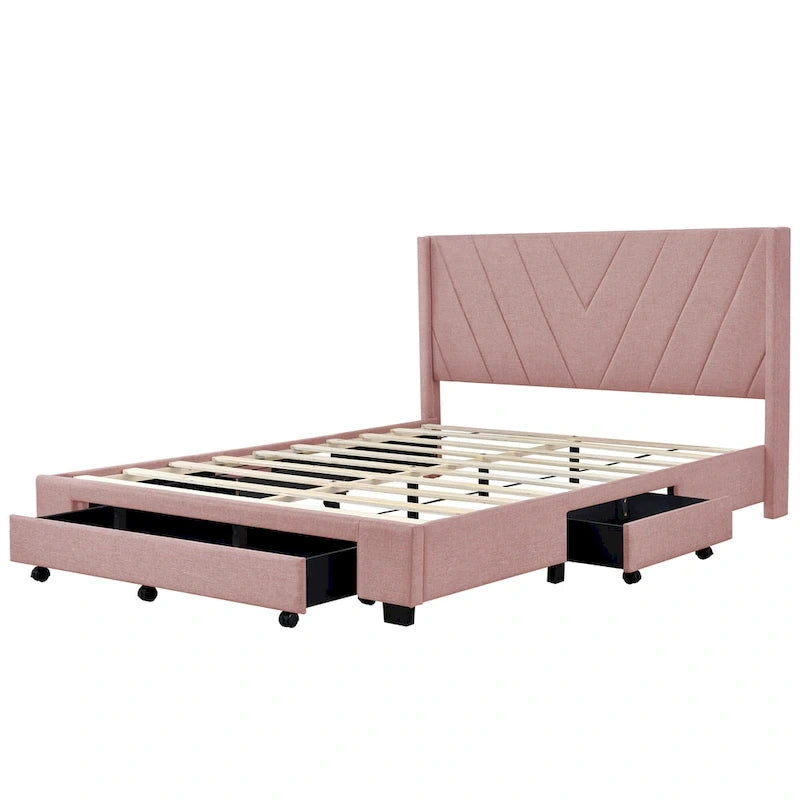 Lit plateforme CUSchoice Queen Size en lin rembourré avec 3 tiroirs et rangement
