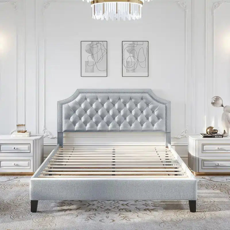 Lit plateforme Moasis en lin capitonné avec tête de lit réglable