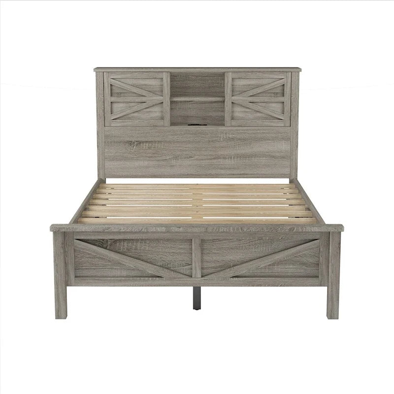 Ensemble de chambre à coucher comprenant un lit plateforme double avec station de recharge, une table de chevet et une commode (ensemble de 3 pièces)