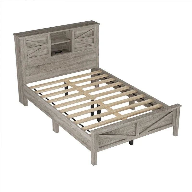 Ensemble de chambre à coucher comprenant un lit plateforme double avec station de recharge, une table de chevet et une commode (ensemble de 3 pièces)