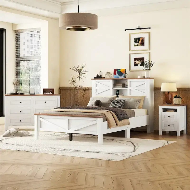 Ensemble de chambre à coucher comprenant un lit plateforme double avec station de recharge, une table de chevet et une commode (ensemble de 3 pièces)