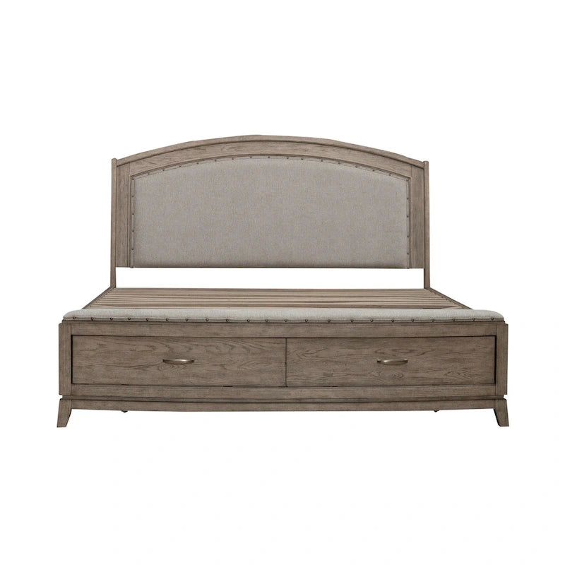 Ensemble de chambre à coucher Avalon en chêne beige bruni avec lit de rangement capitonné, commode, miroir et coffre - King, Queen