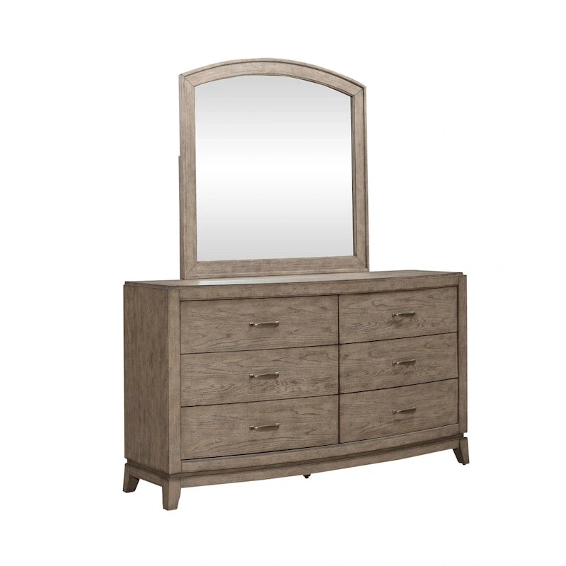 Ensemble de chambre à coucher Avalon en chêne beige bruni avec lit de rangement capitonné, commode, miroir et coffre - King, Queen