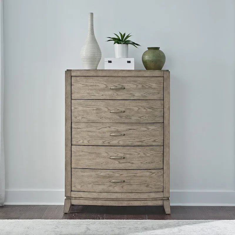 Ensemble de chambre à coucher Avalon en chêne beige bruni avec lit de rangement capitonné, commode, miroir et coffre - King, Queen