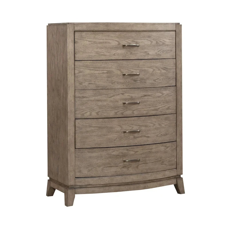 Ensemble de chambre à coucher Avalon en chêne beige bruni avec lit de rangement capitonné, commode, miroir et coffre - King, Queen