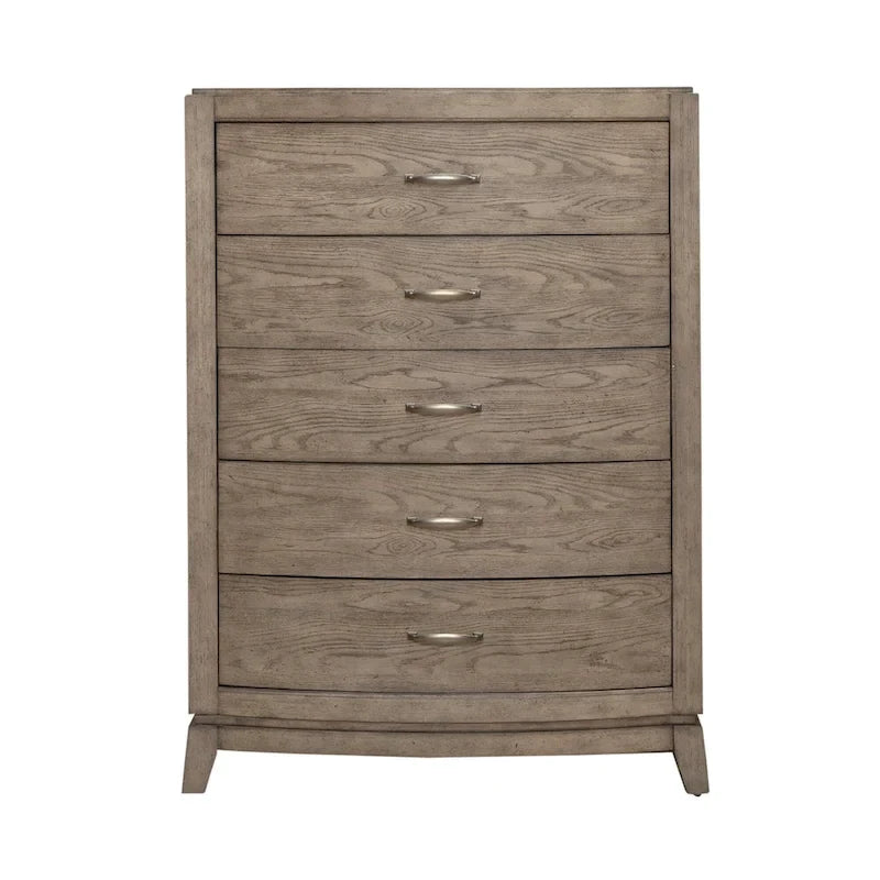 Ensemble de chambre à coucher Avalon en chêne beige bruni avec lit de rangement capitonné, commode, miroir et coffre - King, Queen