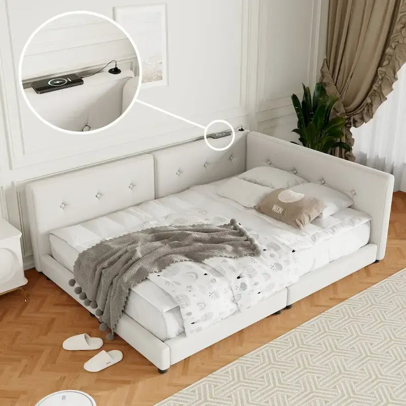 Lit plateforme rembourré Queen Size avec ports USB, sommier non requis, facile à assembler