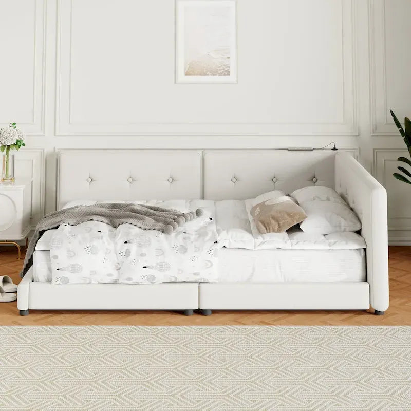 Lit plateforme rembourré Queen Size avec ports USB, sommier non requis, facile à assembler