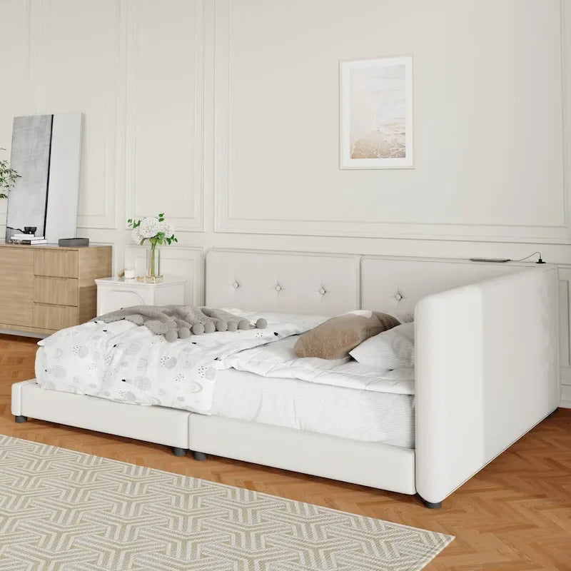 Lit plateforme rembourré Queen Size avec ports USB, sommier non requis, facile à assembler