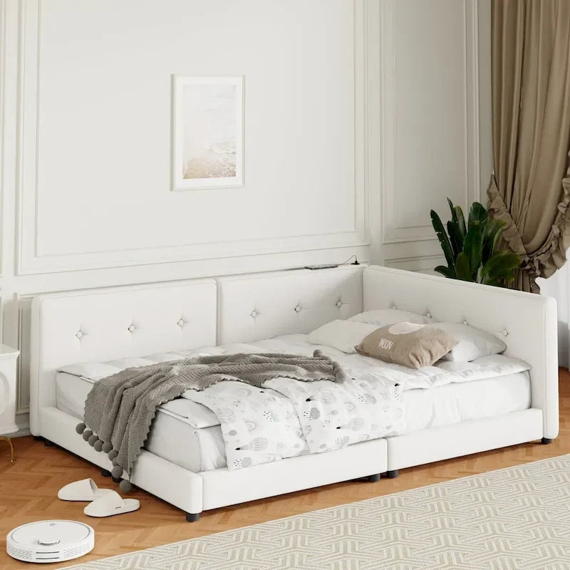 Lit plateforme rembourré Queen Size avec ports USB, sommier non requis, facile à assembler